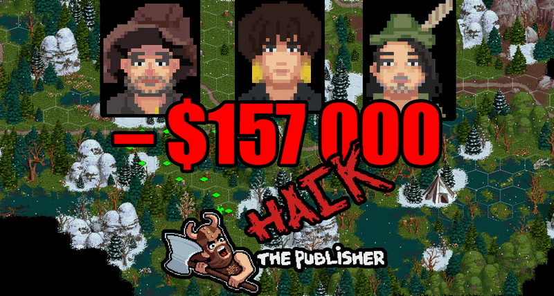 Screenshot of Palm Kingdoms 3, with HackThePublisher logo, avatars of three main culprits and red letters saying: -$157k