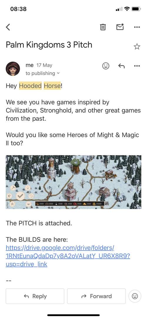 Screenshot of an email Andrey sent to Hooded Horse